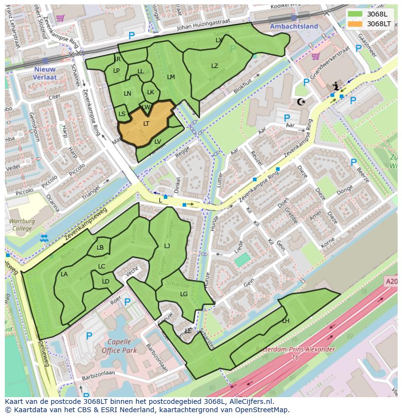 Afbeelding van het postcodegebied 3068 LT op de kaart.