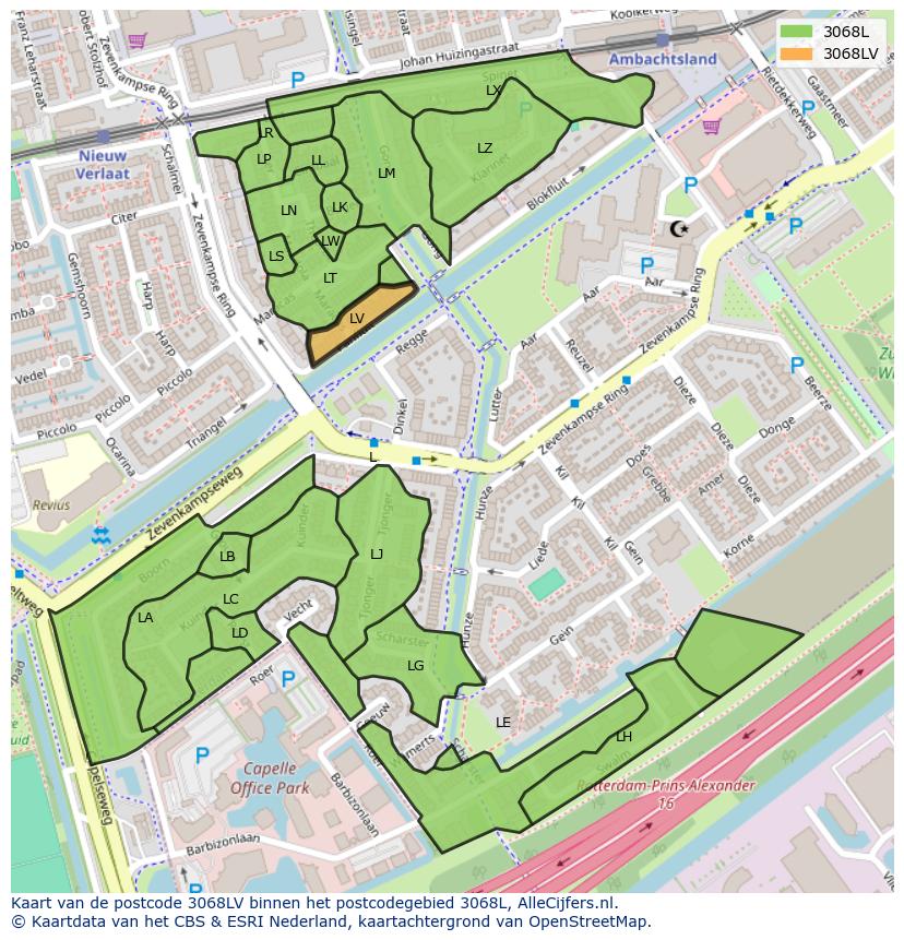 Afbeelding van het postcodegebied 3068 LV op de kaart.