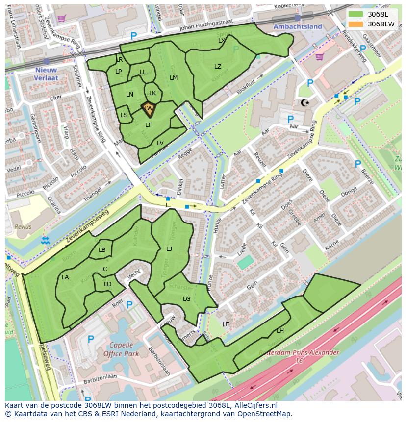 Afbeelding van het postcodegebied 3068 LW op de kaart.