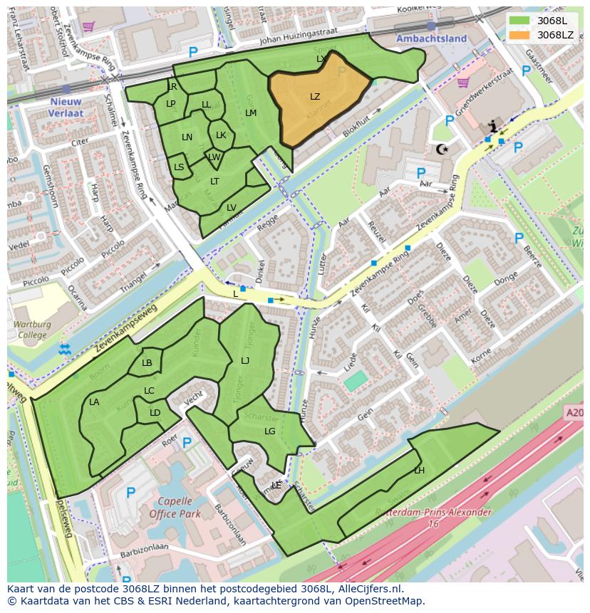 Afbeelding van het postcodegebied 3068 LZ op de kaart.