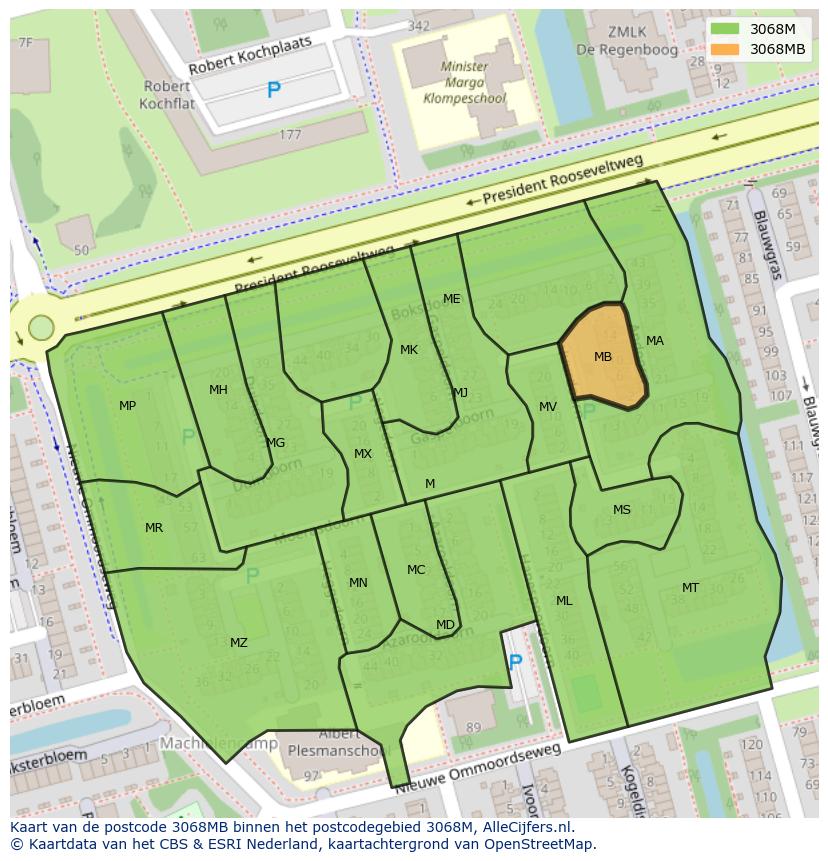 Afbeelding van het postcodegebied 3068 MB op de kaart.