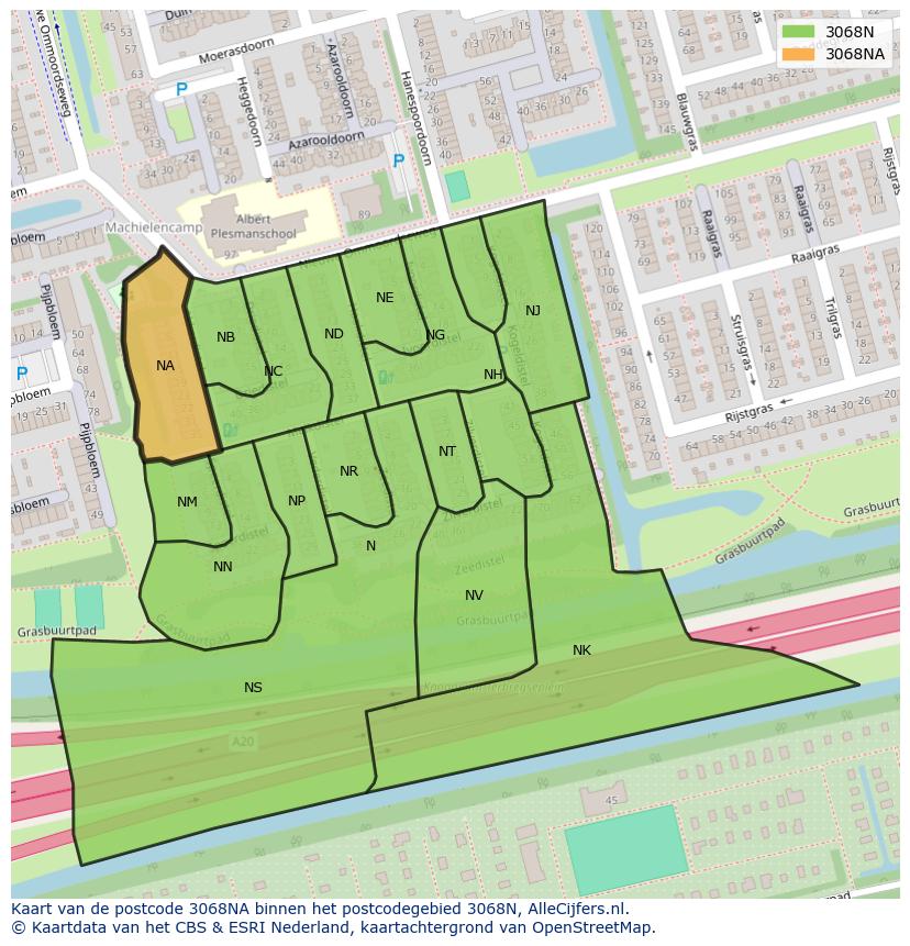 Afbeelding van het postcodegebied 3068 NA op de kaart.
