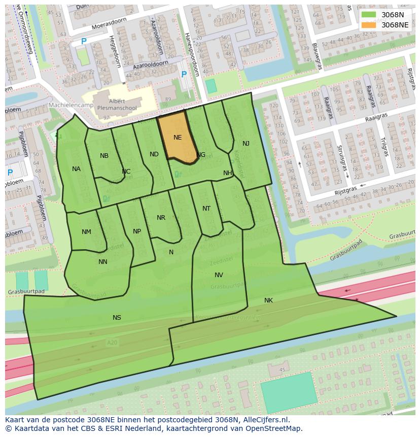 Afbeelding van het postcodegebied 3068 NE op de kaart.