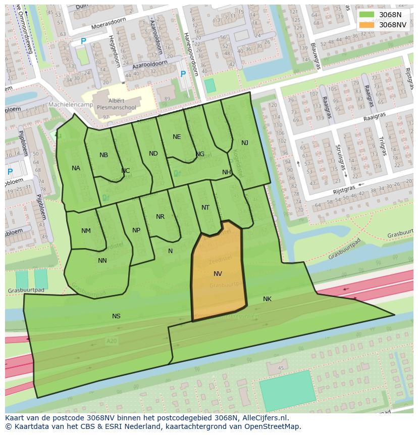 Afbeelding van het postcodegebied 3068 NV op de kaart.