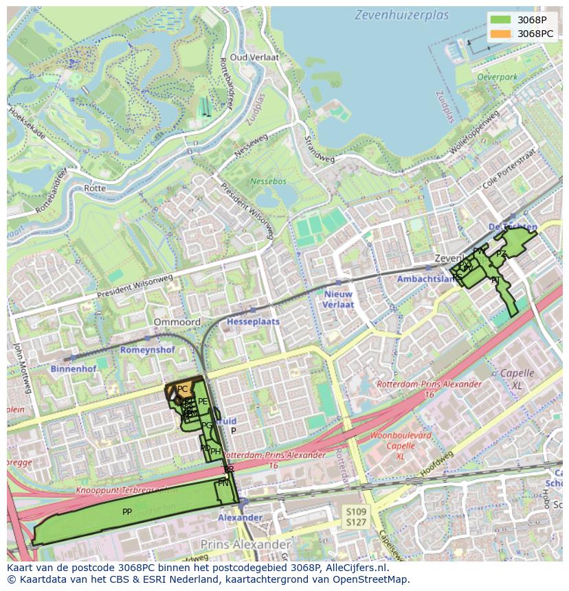 Afbeelding van het postcodegebied 3068 PC op de kaart.