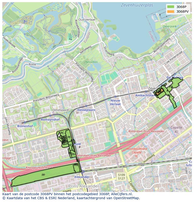 Afbeelding van het postcodegebied 3068 PV op de kaart.