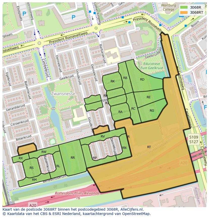 Afbeelding van het postcodegebied 3068 RT op de kaart.
