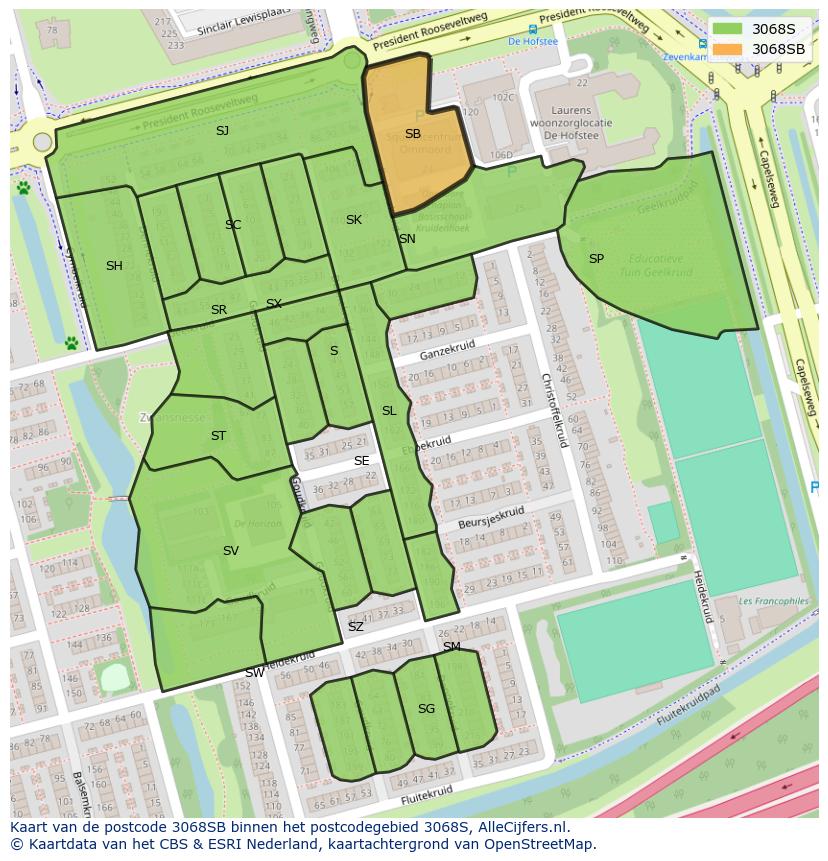 Afbeelding van het postcodegebied 3068 SB op de kaart.