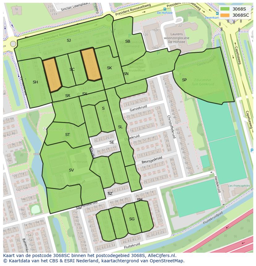 Afbeelding van het postcodegebied 3068 SC op de kaart.