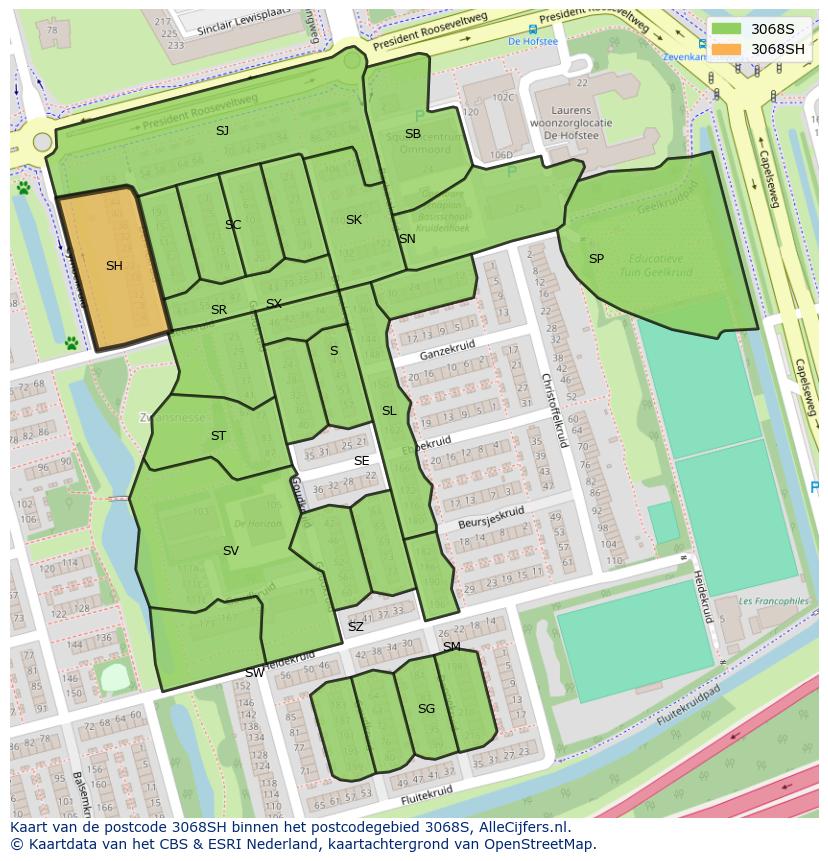Afbeelding van het postcodegebied 3068 SH op de kaart.