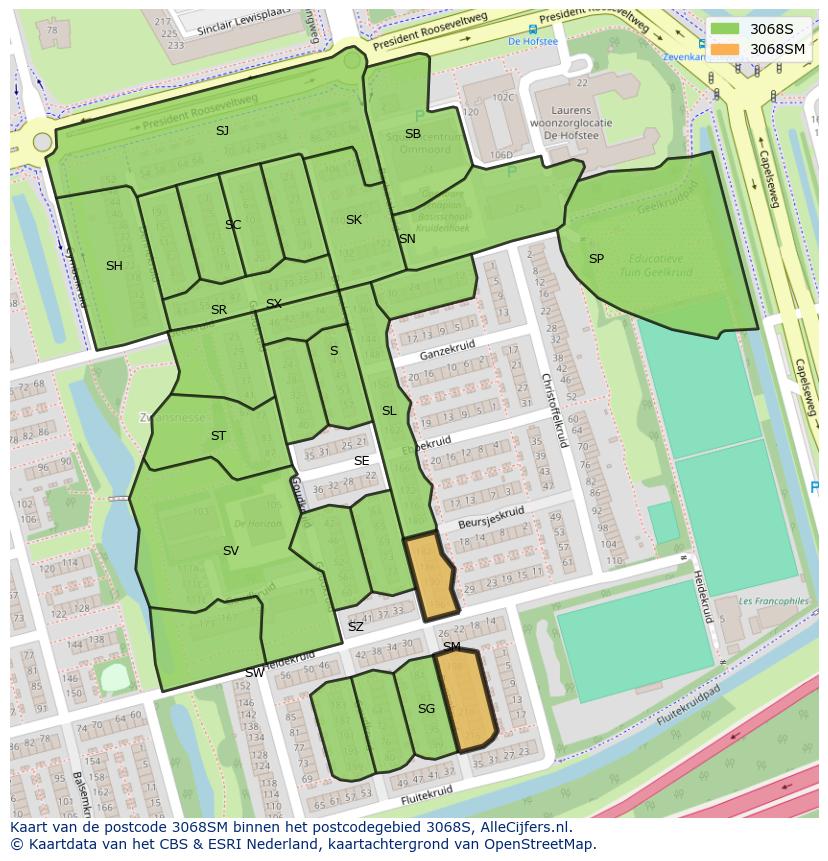 Afbeelding van het postcodegebied 3068 SM op de kaart.
