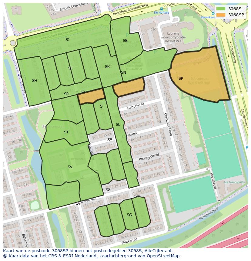 Afbeelding van het postcodegebied 3068 SP op de kaart.