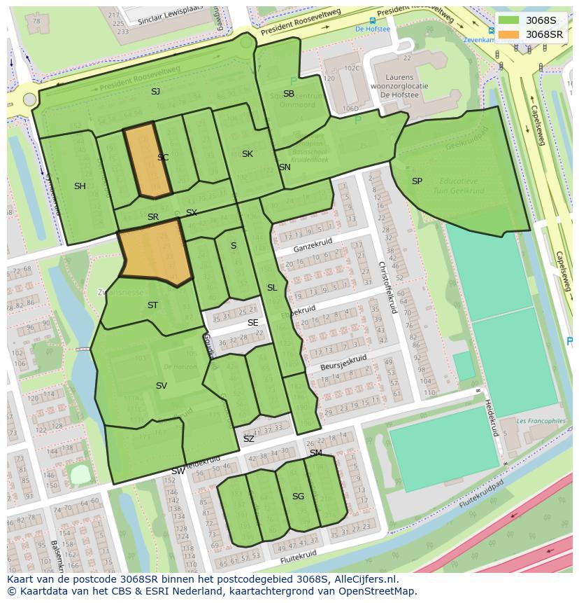 Afbeelding van het postcodegebied 3068 SR op de kaart.