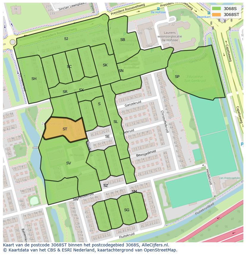 Afbeelding van het postcodegebied 3068 ST op de kaart.