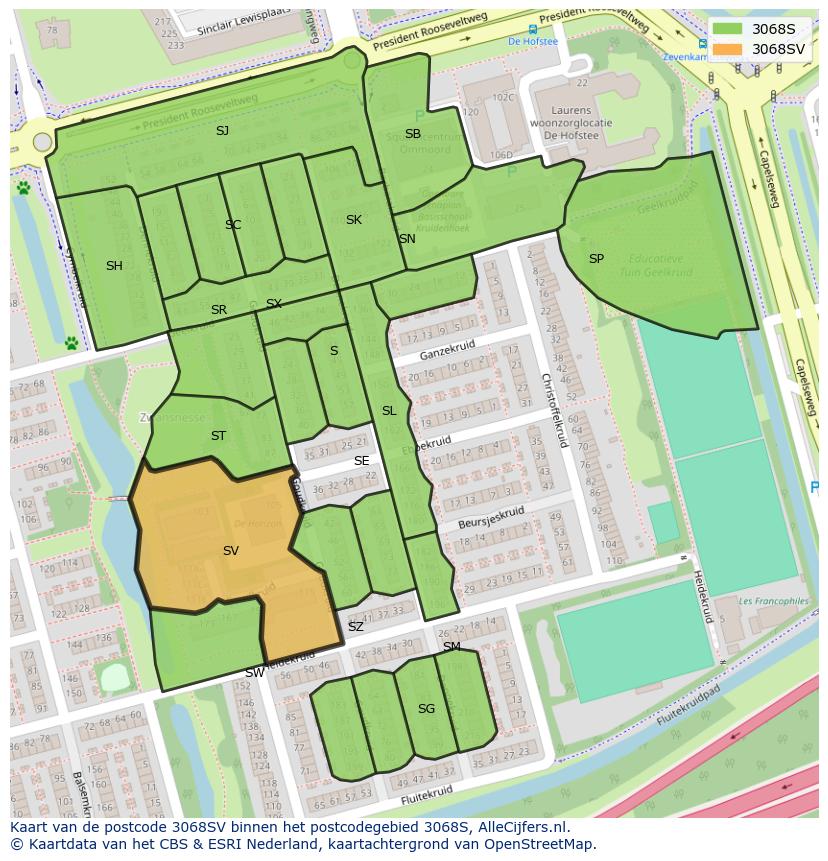Afbeelding van het postcodegebied 3068 SV op de kaart.