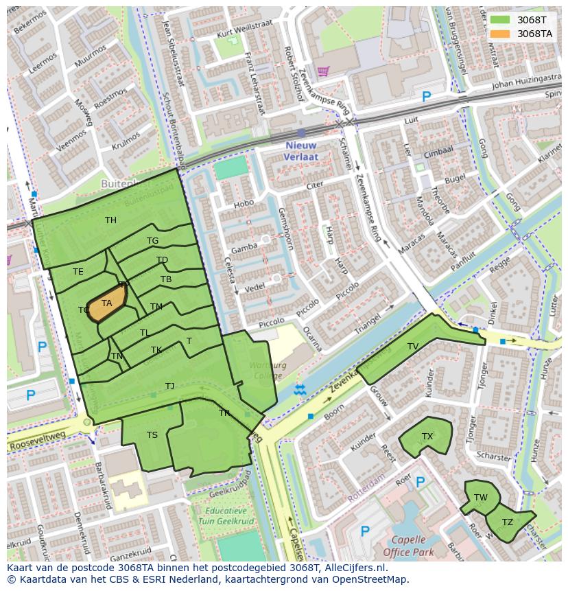 Afbeelding van het postcodegebied 3068 TA op de kaart.