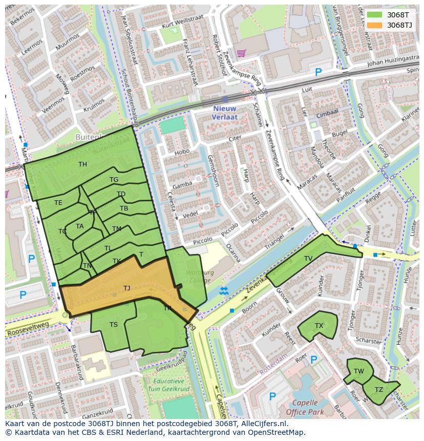 Afbeelding van het postcodegebied 3068 TJ op de kaart.