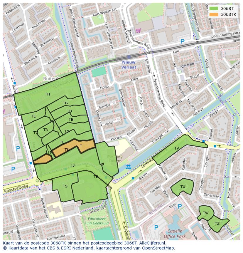 Afbeelding van het postcodegebied 3068 TK op de kaart.