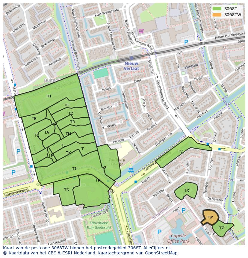 Afbeelding van het postcodegebied 3068 TW op de kaart.