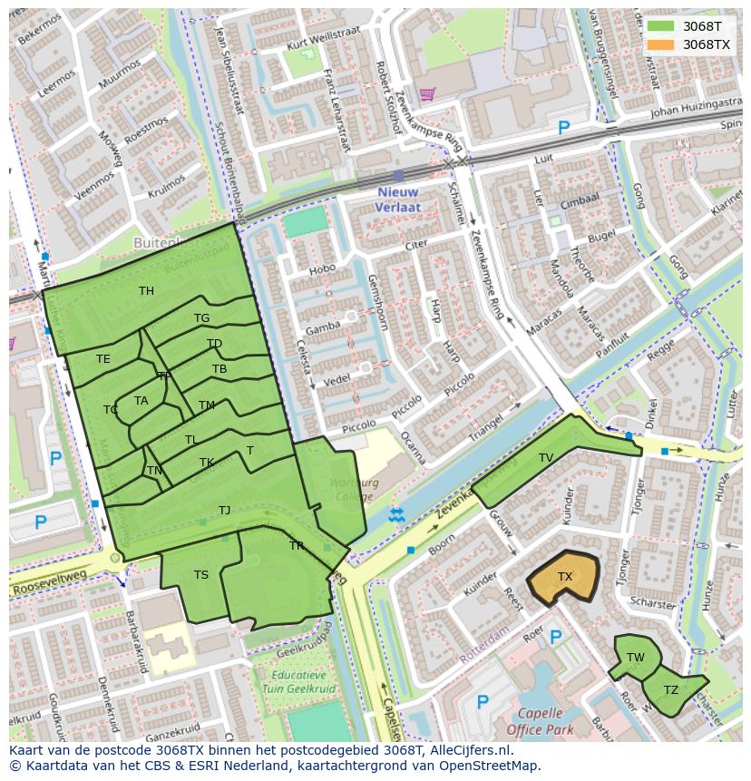 Afbeelding van het postcodegebied 3068 TX op de kaart.
