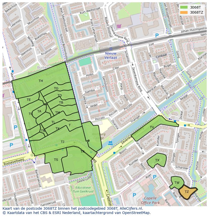 Afbeelding van het postcodegebied 3068 TZ op de kaart.