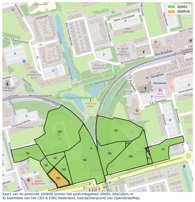 Afbeelding van het postcodegebied 3068 VB op de kaart.
