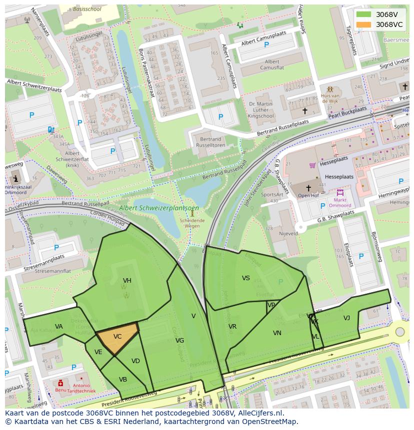 Afbeelding van het postcodegebied 3068 VC op de kaart.