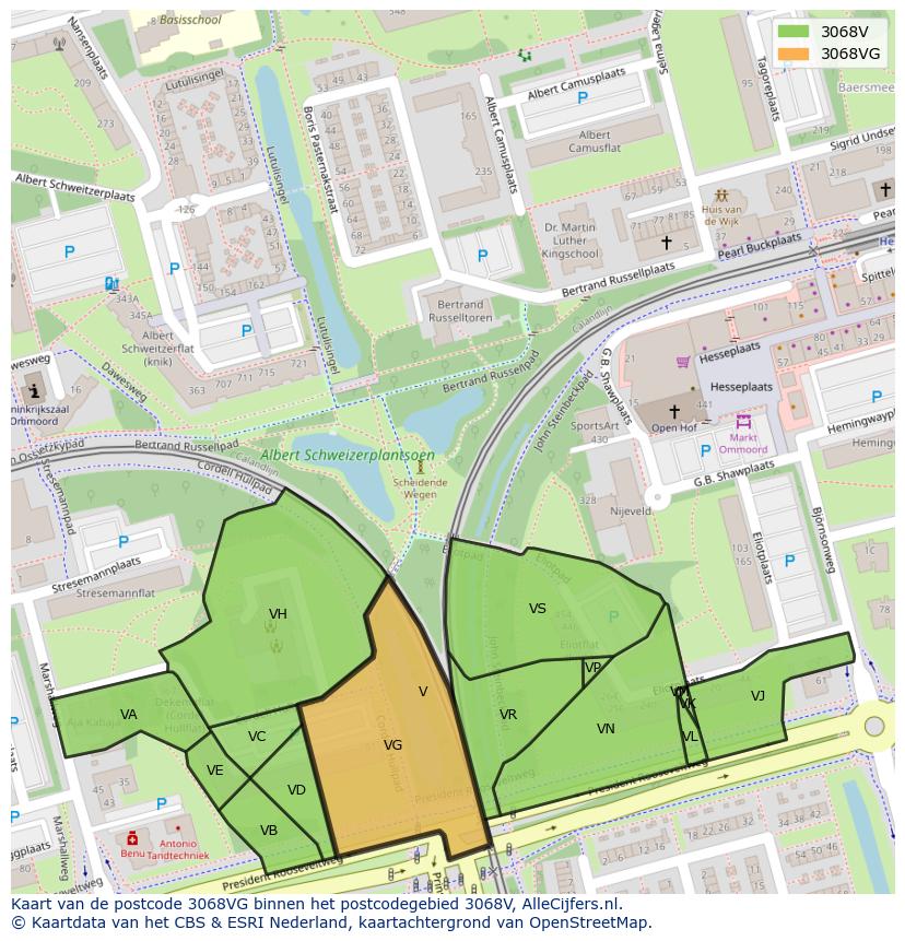 Afbeelding van het postcodegebied 3068 VG op de kaart.