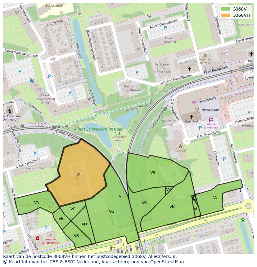 Afbeelding van het postcodegebied 3068 VH op de kaart.
