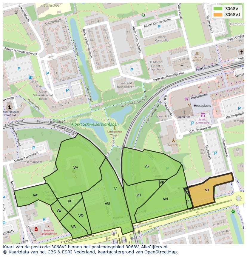 Afbeelding van het postcodegebied 3068 VJ op de kaart.