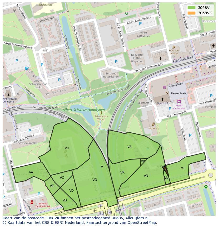 Afbeelding van het postcodegebied 3068 VK op de kaart.