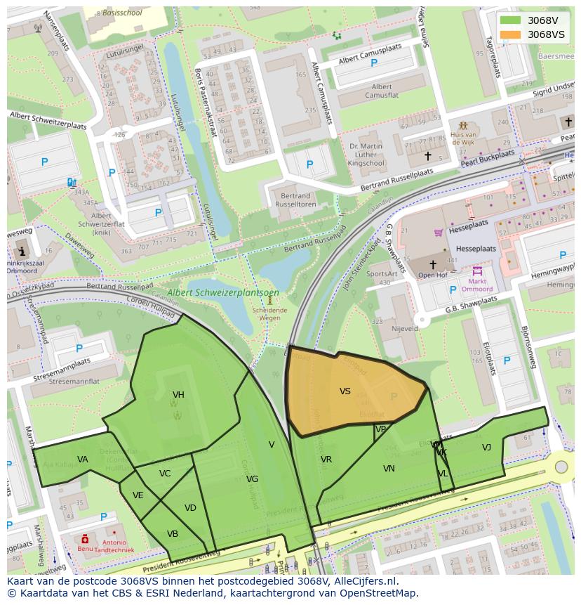Afbeelding van het postcodegebied 3068 VS op de kaart.