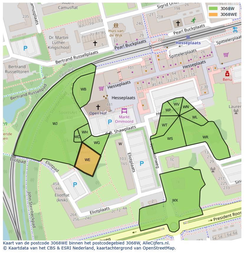Afbeelding van het postcodegebied 3068 WE op de kaart.