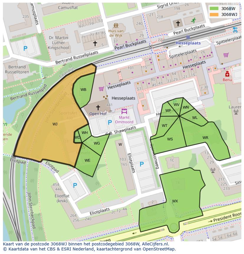 Afbeelding van het postcodegebied 3068 WJ op de kaart.