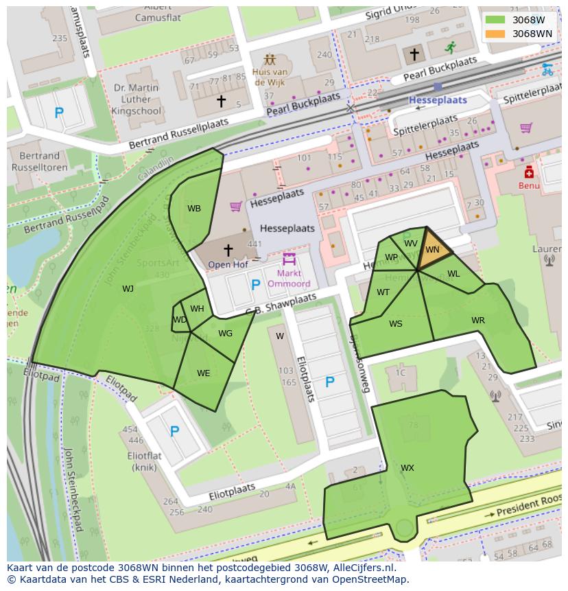 Afbeelding van het postcodegebied 3068 WN op de kaart.
