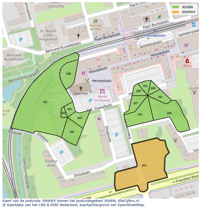 Afbeelding van het postcodegebied 3068 WX op de kaart.