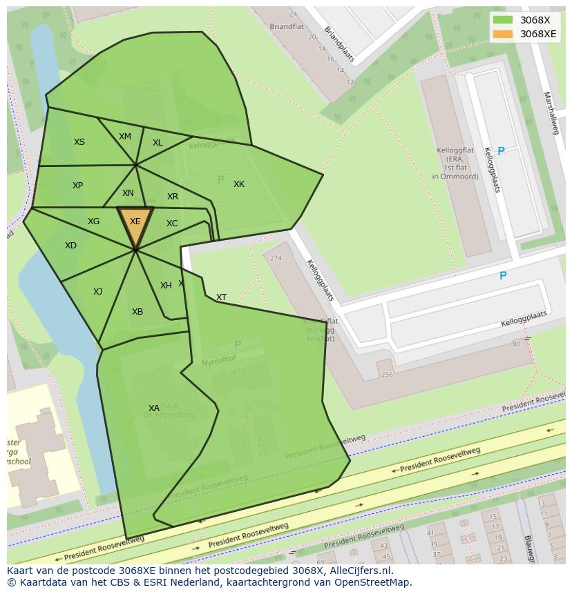 Afbeelding van het postcodegebied 3068 XE op de kaart.