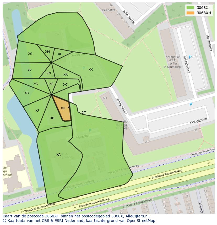 Afbeelding van het postcodegebied 3068 XH op de kaart.
