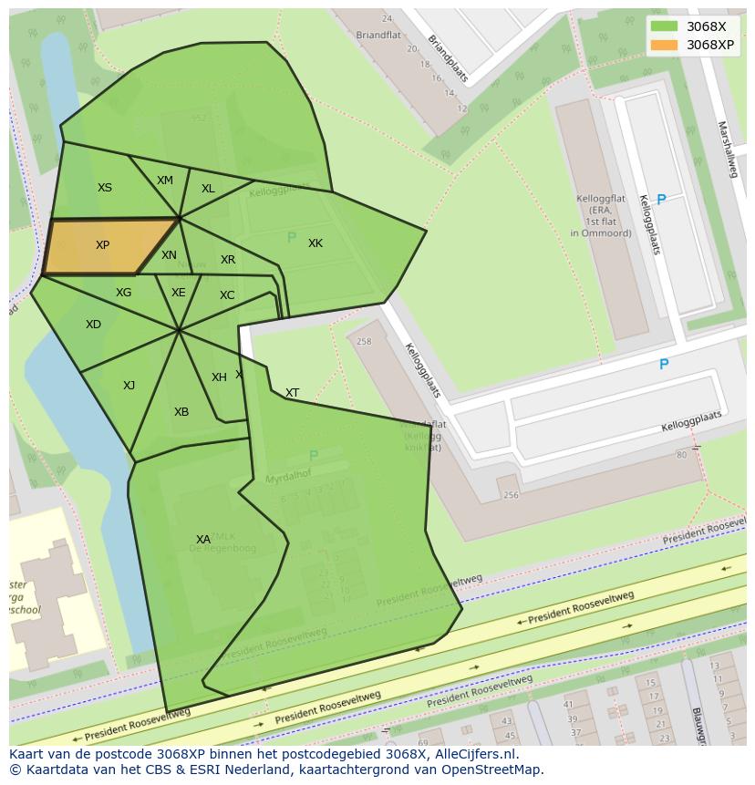 Afbeelding van het postcodegebied 3068 XP op de kaart.