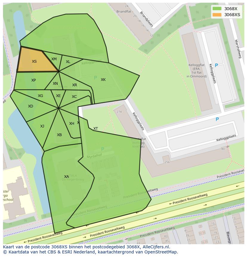 Afbeelding van het postcodegebied 3068 XS op de kaart.