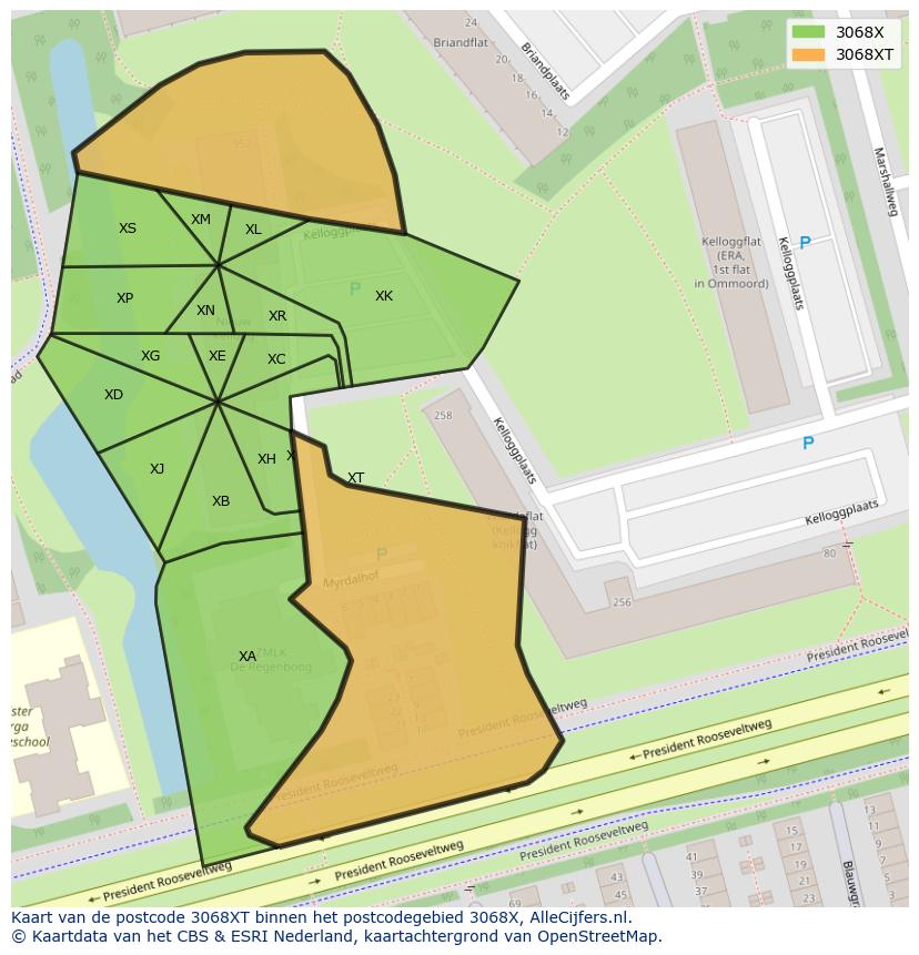 Afbeelding van het postcodegebied 3068 XT op de kaart.