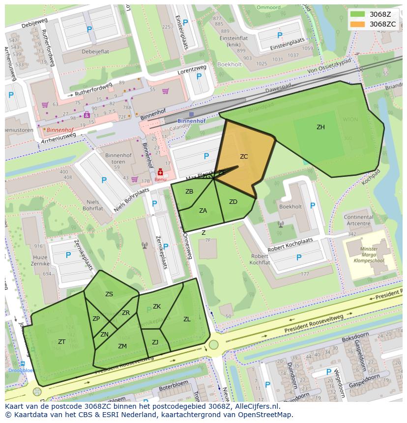 Afbeelding van het postcodegebied 3068 ZC op de kaart.