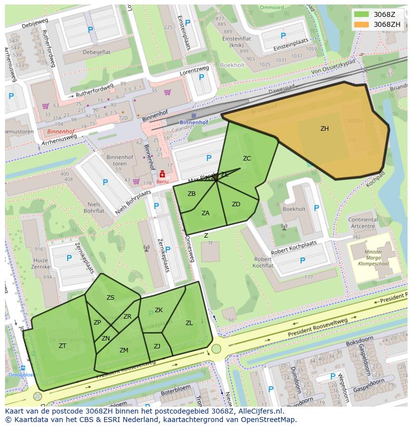 Afbeelding van het postcodegebied 3068 ZH op de kaart.