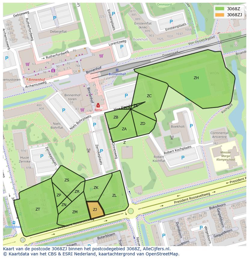 Afbeelding van het postcodegebied 3068 ZJ op de kaart.