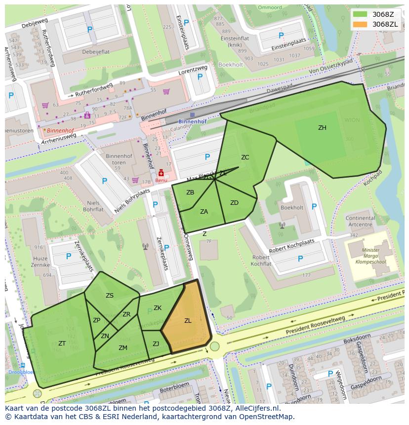 Afbeelding van het postcodegebied 3068 ZL op de kaart.