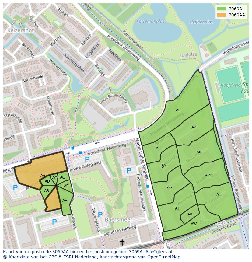 Afbeelding van het postcodegebied 3069 AA op de kaart.