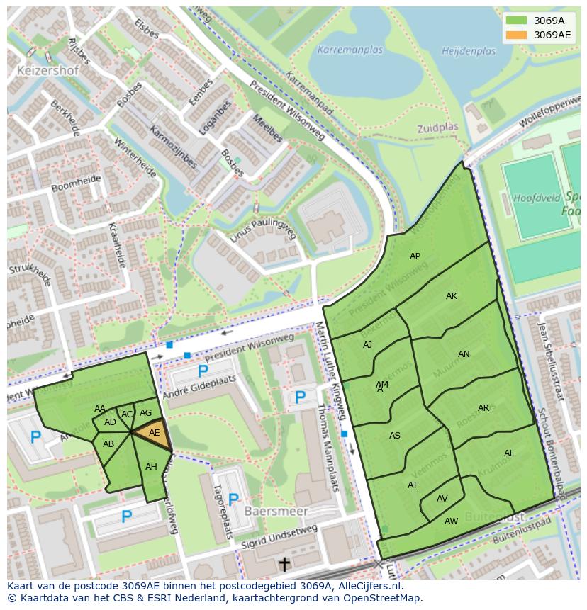 Afbeelding van het postcodegebied 3069 AE op de kaart.
