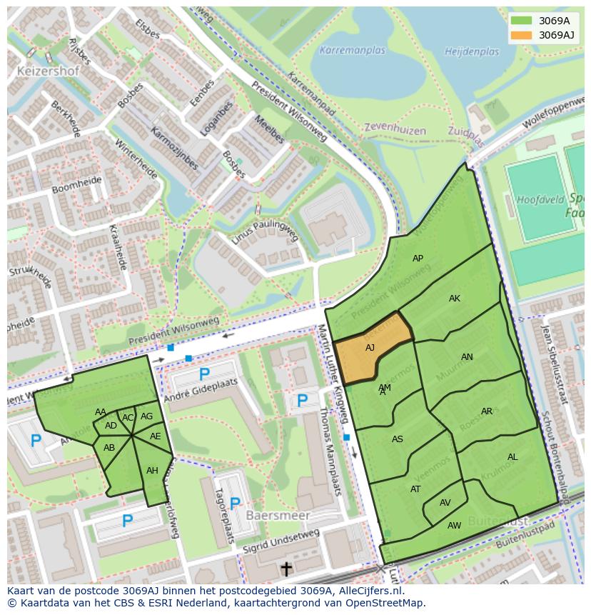 Afbeelding van het postcodegebied 3069 AJ op de kaart.