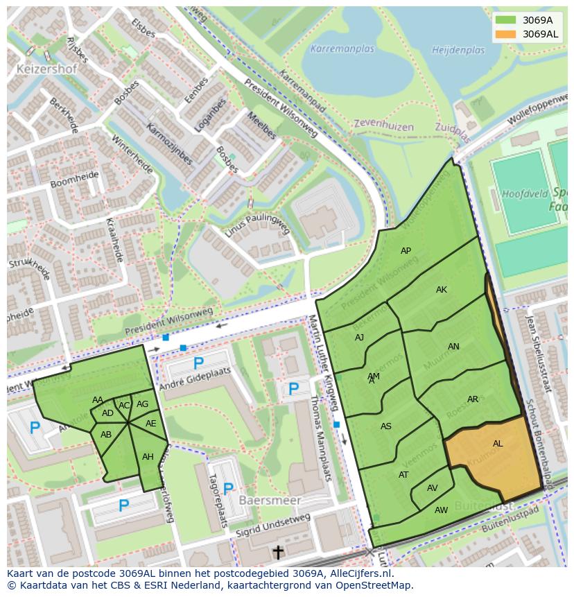 Afbeelding van het postcodegebied 3069 AL op de kaart.