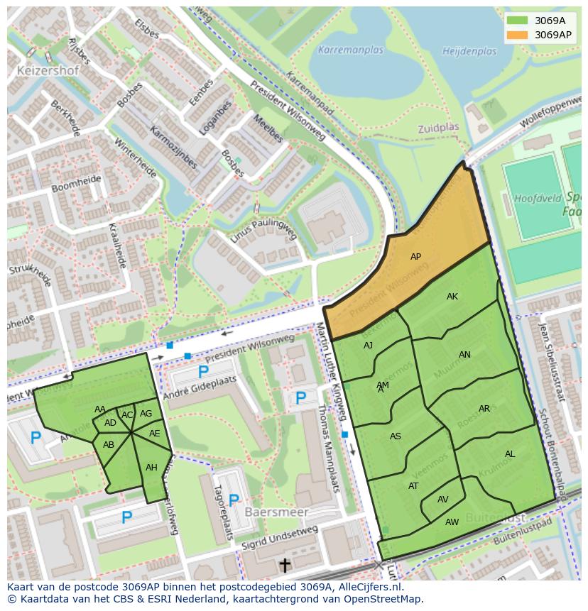 Afbeelding van het postcodegebied 3069 AP op de kaart.